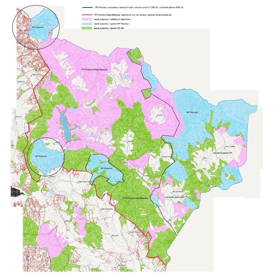 Mapa pripravovaného zámeru, na ktorom pracuje Správa národného parku Poloniny. Aktuálne je národným parkom územie od červenej čiary až po hranice krajiny na severe a východe. Po novom by národný park bol už len od čiernej čiary na východ a na troch ďaších jednotlivých lokalitách. Jeho plocha by sa zmenšila na zhruba tretinu.