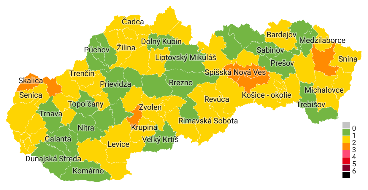 Vláda schválila nové rozdelenie okresov. V červenej a ružovej farbe nebude ani jeden okres