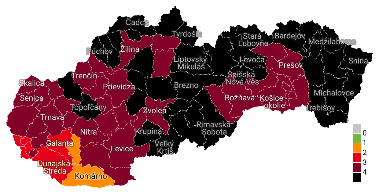 Od dnes je 36 okresov v čiernej farbe, v oranžovej sú už len dva