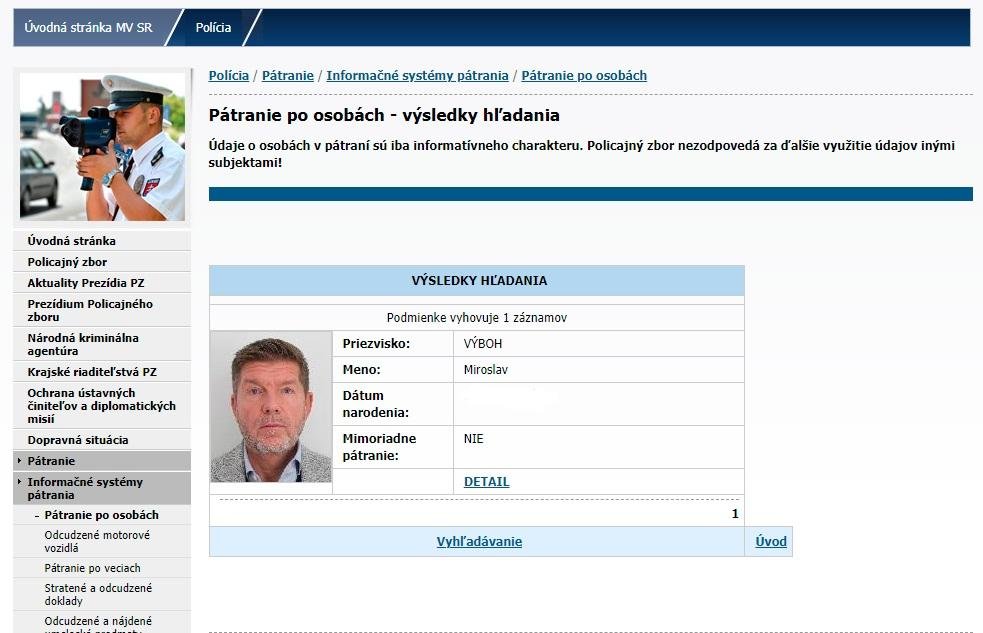 Miroslav Výboh je už v databáze hľadaných osôb