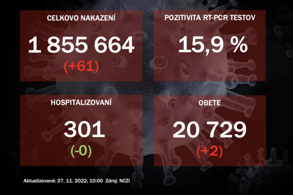 Koronavírus ONLINE: PCR testy za uplynulý deň potvrdili 61 pozitívnych