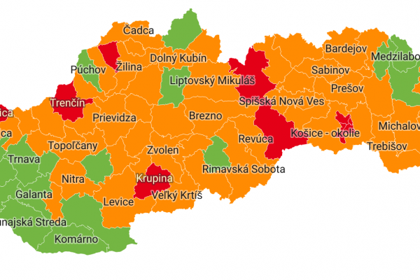 Od pondelka bude 9 okresov v červenej farbe, Rožňava už od zajtra