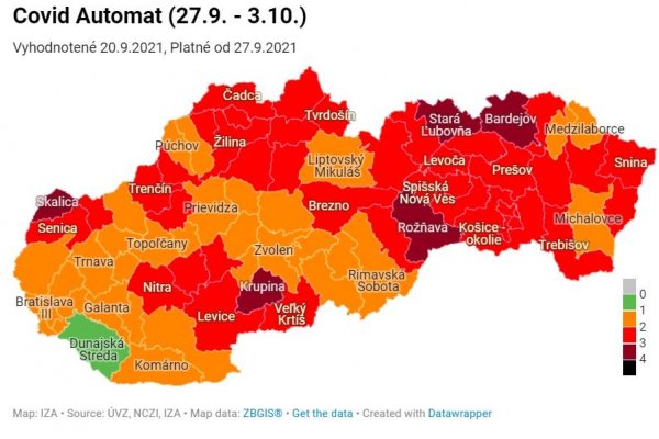 Od dnes je päť okresov v bordovej farbe, zelená je iba Dunajská Streda